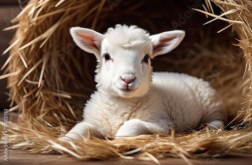 Cute card with animals. A small white lamb lies in the straw