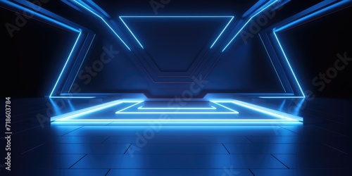 Blue purple digital hologram of podium  line vertical neon lamps abstract  futuristic photo
