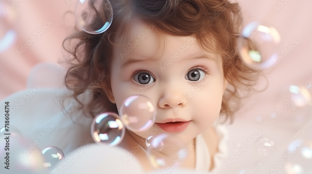 Cute baby girl playing with soap bubbles Cute baby girl playing with soap bubbles