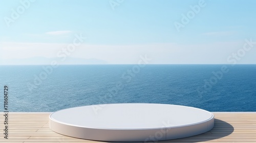 Round podium for a new product against the background of the sea