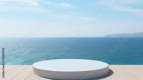 Round podium for a new product against the background of the sea