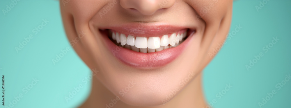 Close-up of beautiful female smile with healthy white teeth. Dental care concept