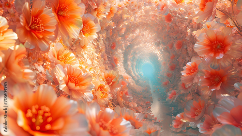 3D wallpaper abstract tunnel with Flowers, generative ai