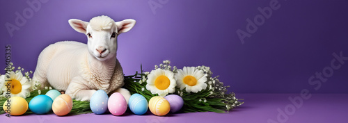Funny Easter banner with live sheep, Easter colorful eggs and flowers on a blue background with copy space