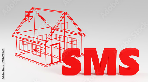 Luxury red inscription sms with blueprint on grey podium, soft light, smooth background, 3d rendering