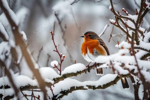 robin sitting on a branch filled with snow