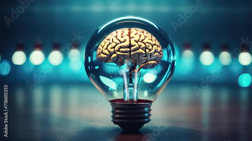 A visual representation featuring a light bulb with an illuminated brain inside, conveying the conceptual themes of ideas, brainstorming, and genius thinking photo