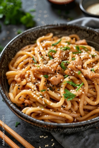 Udon stir-fry noodles with chicken and sesame in a bowl on dark texture background