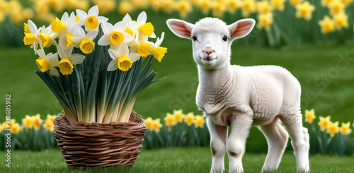 little sheep stands next to a basket of tender daffodils on a green field with flowers, spring concept, Easter