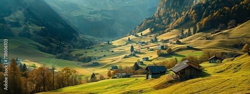 Peaceful Alpine Landscape with Homes, generative ai