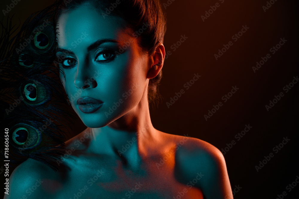Photo of hot tempting girl beauty salon model advertising treatment with applying fashion makeover products Photo of hot tempting girl beauty salon model advertising treatment with applying fashion makeover products