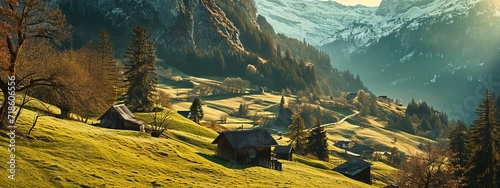 Mountain Homes Amidst Greenery at Dusk, generative ai