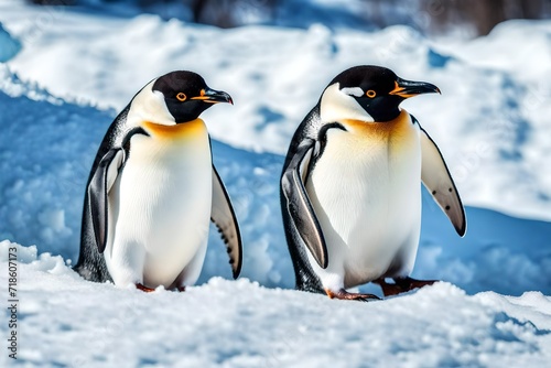 three penguins on the snow