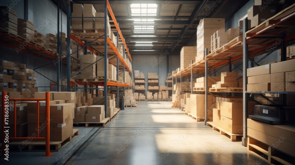 Illustration warehouse interior featuring shelves, pallets, and boxes