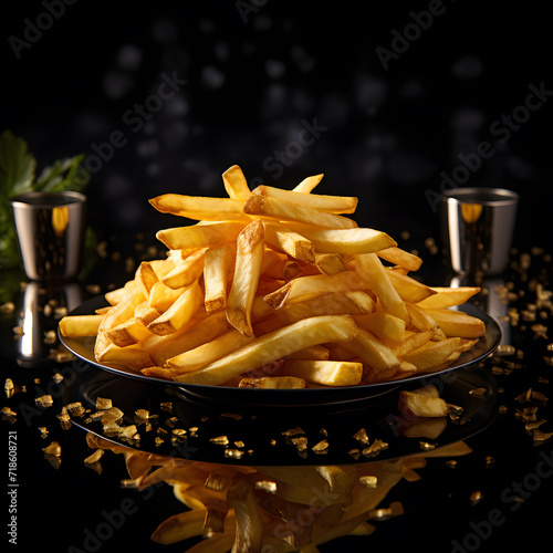 Freshly cooked French fries with salt on dark background. Delicious fast food snacks for lunch or dinner.