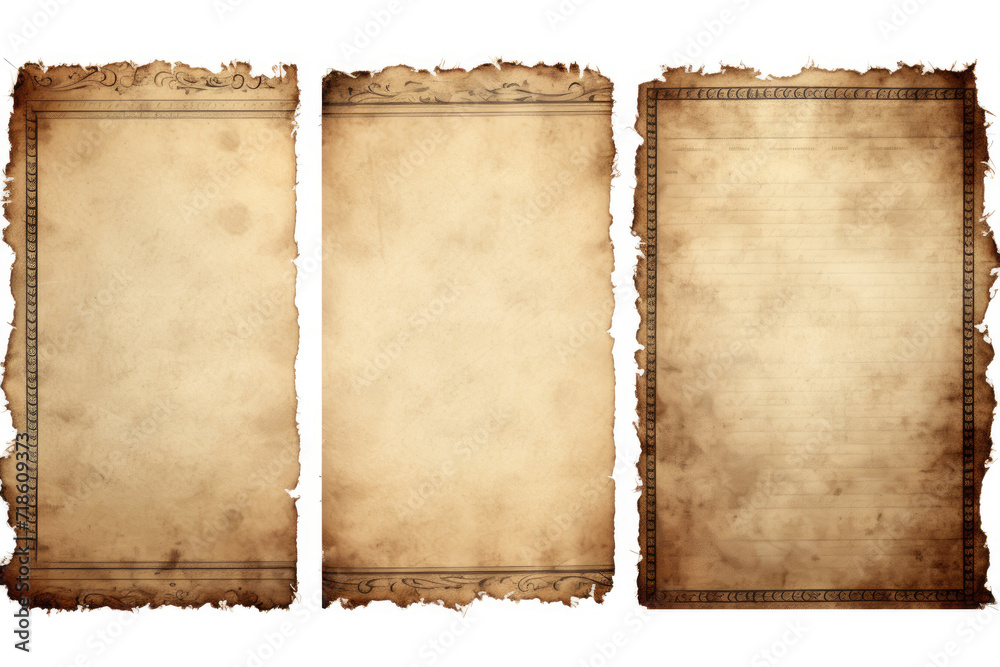 collection of three stained grungy vintage / antique paper sheets with ripped borders, retro book page backgrounds, textures or collage design elements, isolated over white background