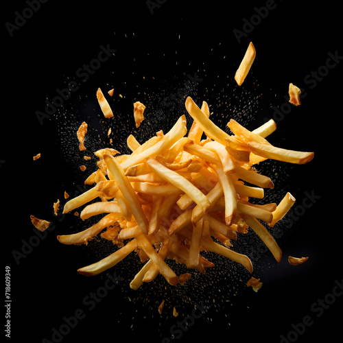 French fries - Fried potatoes flying. Fast food isolated on dark background. Delicious fast food snacks for lunch or dinner.