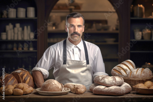Man Standing Behind Bread-Filled Table