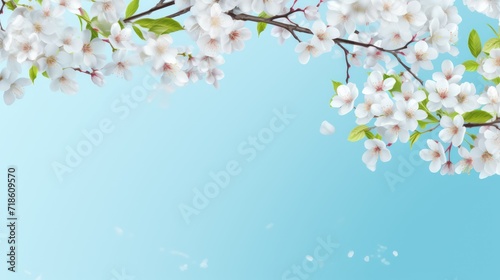 Spring banner with branches of blossoming cherry background with blue sky, © Andrey
