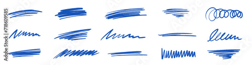 Line brush marker, pen, pencil stroke vector. Blue line brush marker scribble sketch underline. Hand drawn doodle pencil scratch mark. Scrawl texture underline effect. Vector illustration.