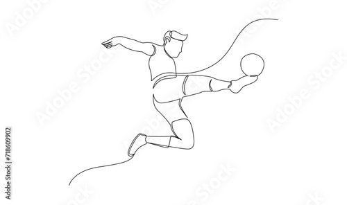 Continuous line drawing of football player jump and fly to kicking ball. Single one line art of young man playing soccer ball template