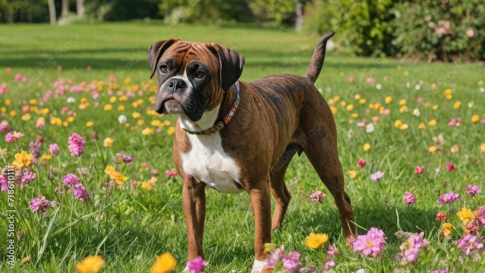 Brindle boxer in flower field