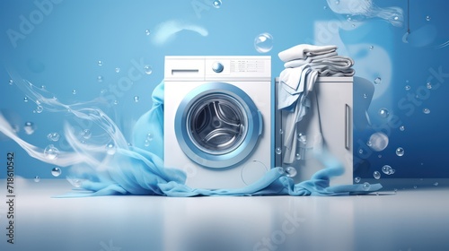 A sleek washing machine positioned in a pristine room, enhanced with a futuristic heads-up display HUD , surrounded by flying clothes, designed as a wide banner with ample copy space. photo