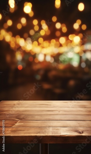 Empty wooden table and bokeh lights background. For product display