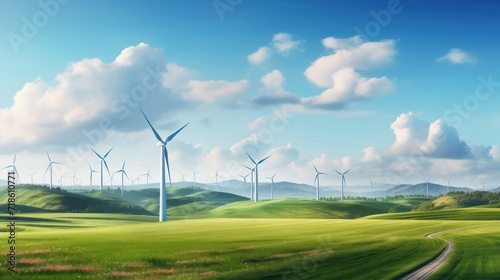 windmills turbines in a natural field for wind generation of hydrogen out of air or water into pipeline, 