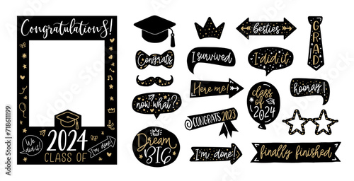 Graduation party photo booth set. Props with Class of 2024. Graduate photo booth frame. Selfie frame. DIY kit for graduation party. Decorations party supplies. Gold and black vector illustration.