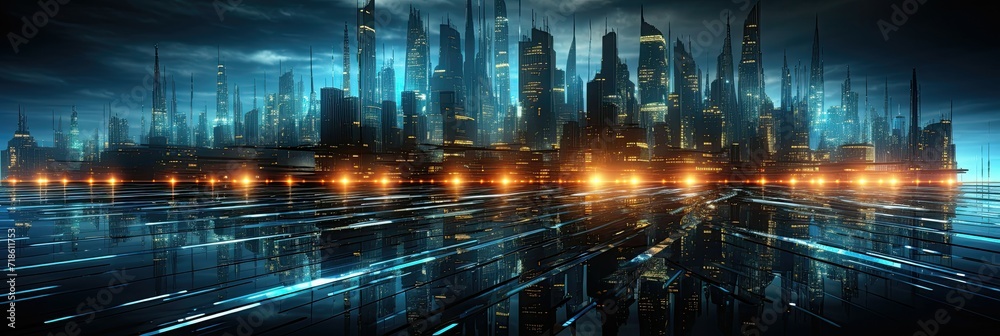 Cybernetic skyline with light beams, reflecting a high-tech urban metropolis.