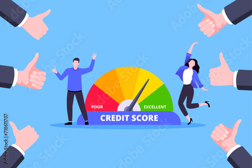 People beside credit score arrow gauge speedometer indicator with color levels. Measurement from poor to excellent rating for credit or mortgage loans concept flat style design vector illustration.