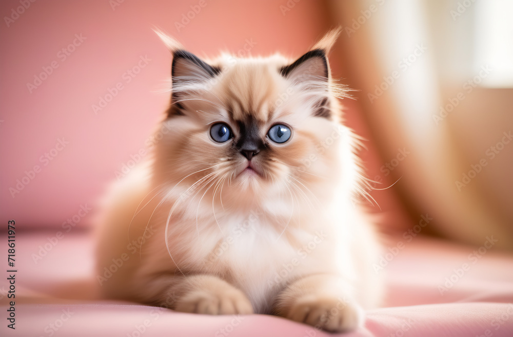 A cute white fluffy Himalayan kitten with blue eyes lies on a pink background in the room