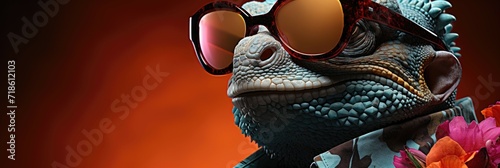Colorful chameleon with sunglasses, a playful take on fashion and wildlife.