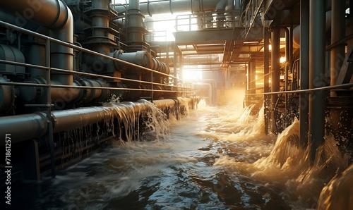 Industrial landscape with heavy water flowing through a power plant. 3d render