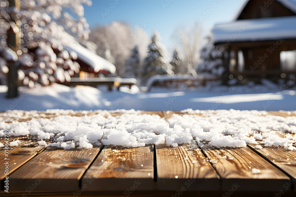 Empty brown wooden floor or table. White snow falling in middle of village, mountains with trees blur background. Realistic color clipart template pattern.	