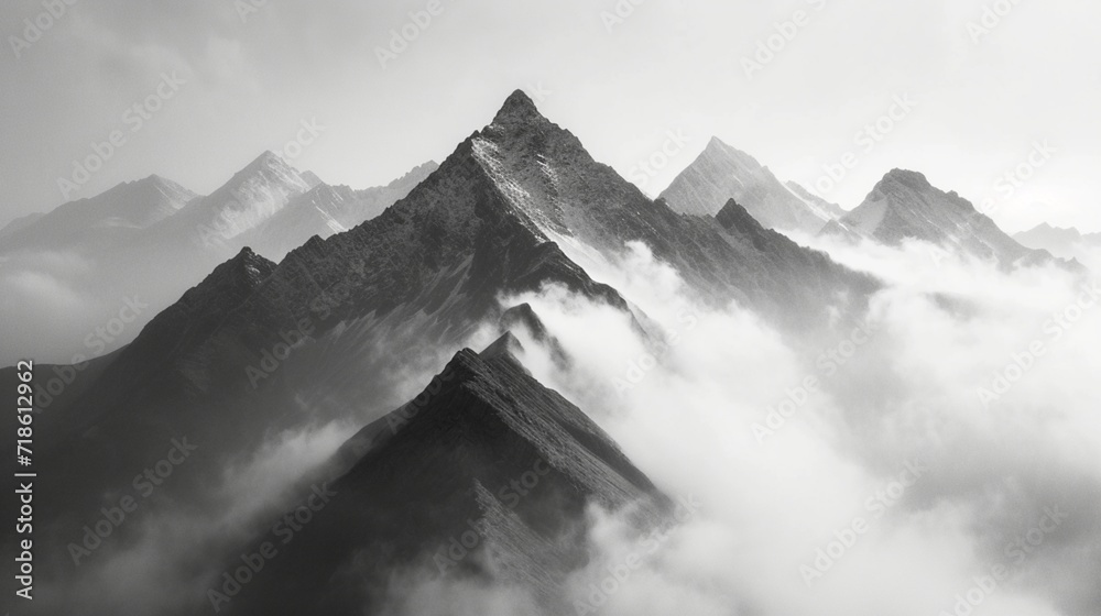 Mountain peaks, misty atmosphere, drone capture, telephoto lens, dawn, majestic, high-contrast monochrome film