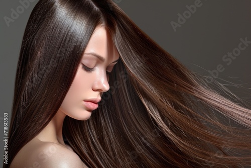 Gorgeous model with sleek long shiny brown hair Keratin treatment care and spa for a sleek style