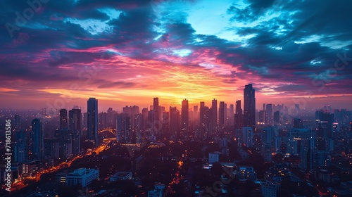 Urban skyline  city lights  drone perspective  prime lens  twilight  futuristic  color slide film.