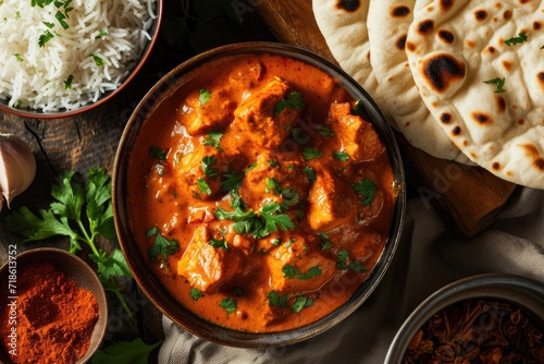 Close up of a popular British Indian dish chicken curry with rice naan bread spices and herbs photo