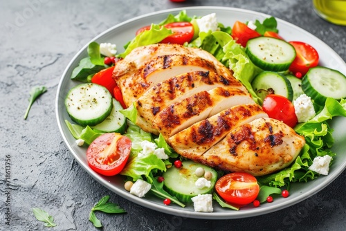 Grilled chicken breast with fresh vegetable salad and feta cheese