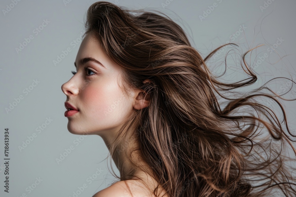 Silky smooth hair blowing in the wind a cheerful brown haired girl with an attractive side view on a light gray background