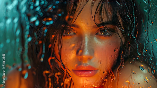Close-up portrait of a beautiful girl behind wet glass with raindrops