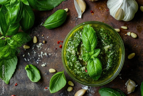 Top view pattern of green Italian homemade pesto spread made from basil garlic pine seeds olives and pecorino Sardo cheese spilled on a textured background