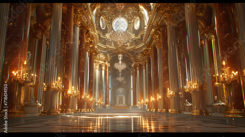 A realistic fantasy interior of the royal palace. gold and red palace. castle interior. Fiction Backdrop, generative ai