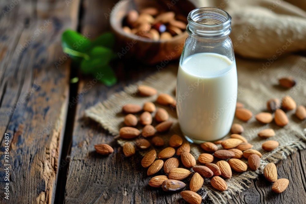 Background Almond milk bottle with almonds and dates on a wooden table Background Almond milk bottle with almonds and dates on a wooden table