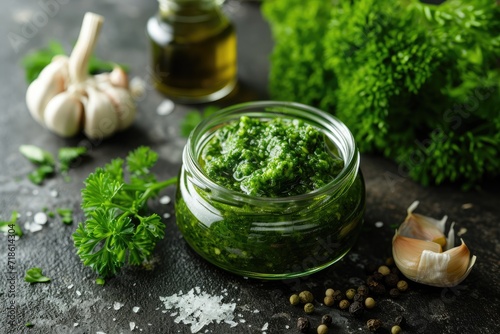Close up of homemade parsley pesto in a glass jar with ingredients on a dark cement background