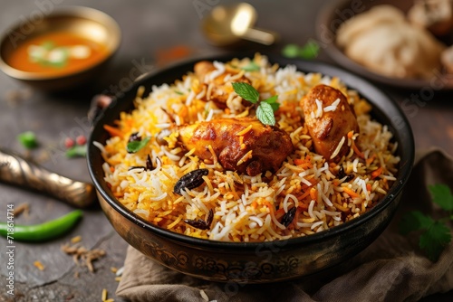 Spicy Indian biryani with chicken mixed rice meat curry and Ramadan Eid celebration