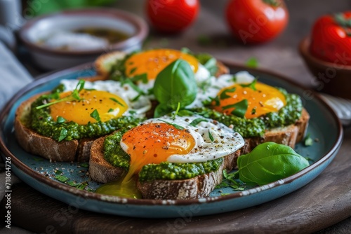 Healthy breakfast with organic pesto peppered egg toast
