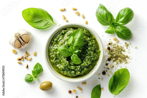 Green Italian pesto spread isolated on white background made of basil garlic pine seeds olives and pecorino sardo cheese